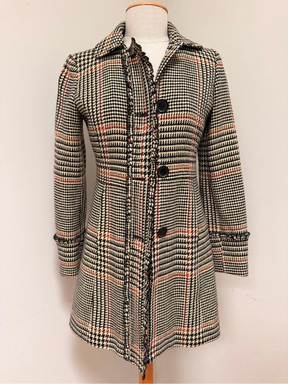 J.Crew Fall 2007 Wool Houndstooth Plaid Coat Ruffle Trim Women’s Sz XS Y2K Era